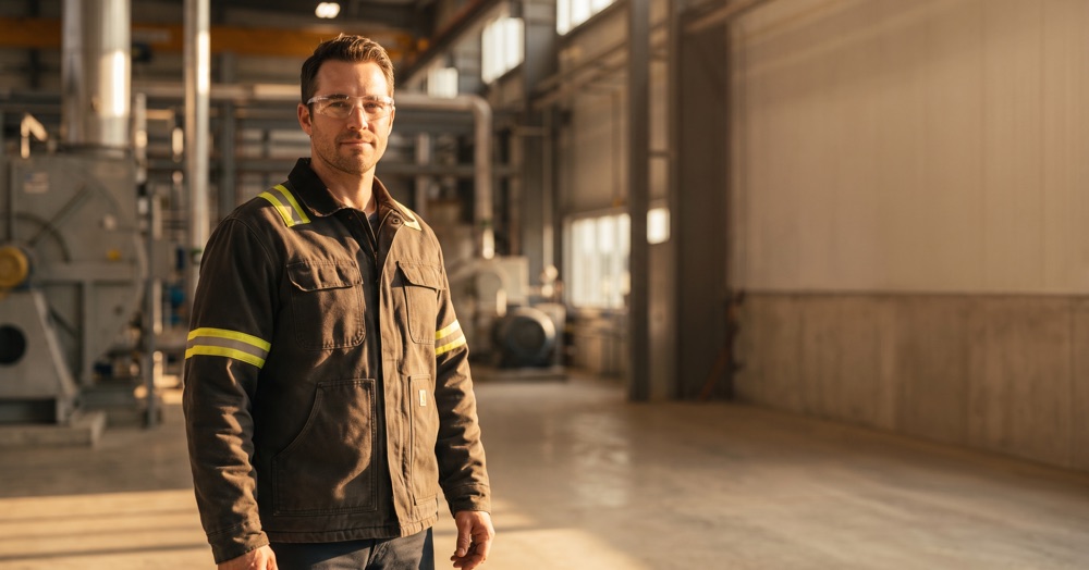 Servicetechniker in dunkler Arbeitsjacke in einer modernen Industriehalle – Motiv einer Facebook-Anzeige