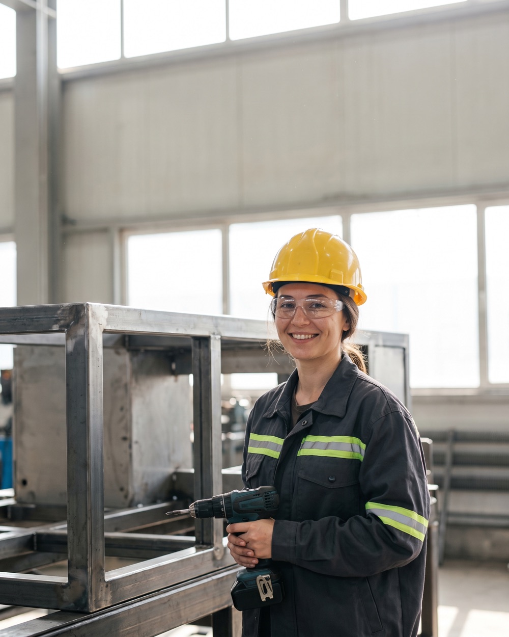 Anzeigenmotiv mit einer Industriemonteurin mit Helm und Akkuschrauber in der Werkstatt