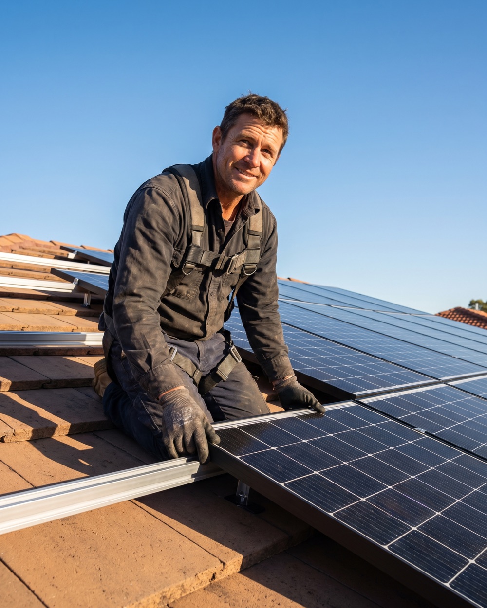 Anzeigenmotiv für Solarmonteure: Monteur montiert ein Photovoltaikmodul auf einem Dach