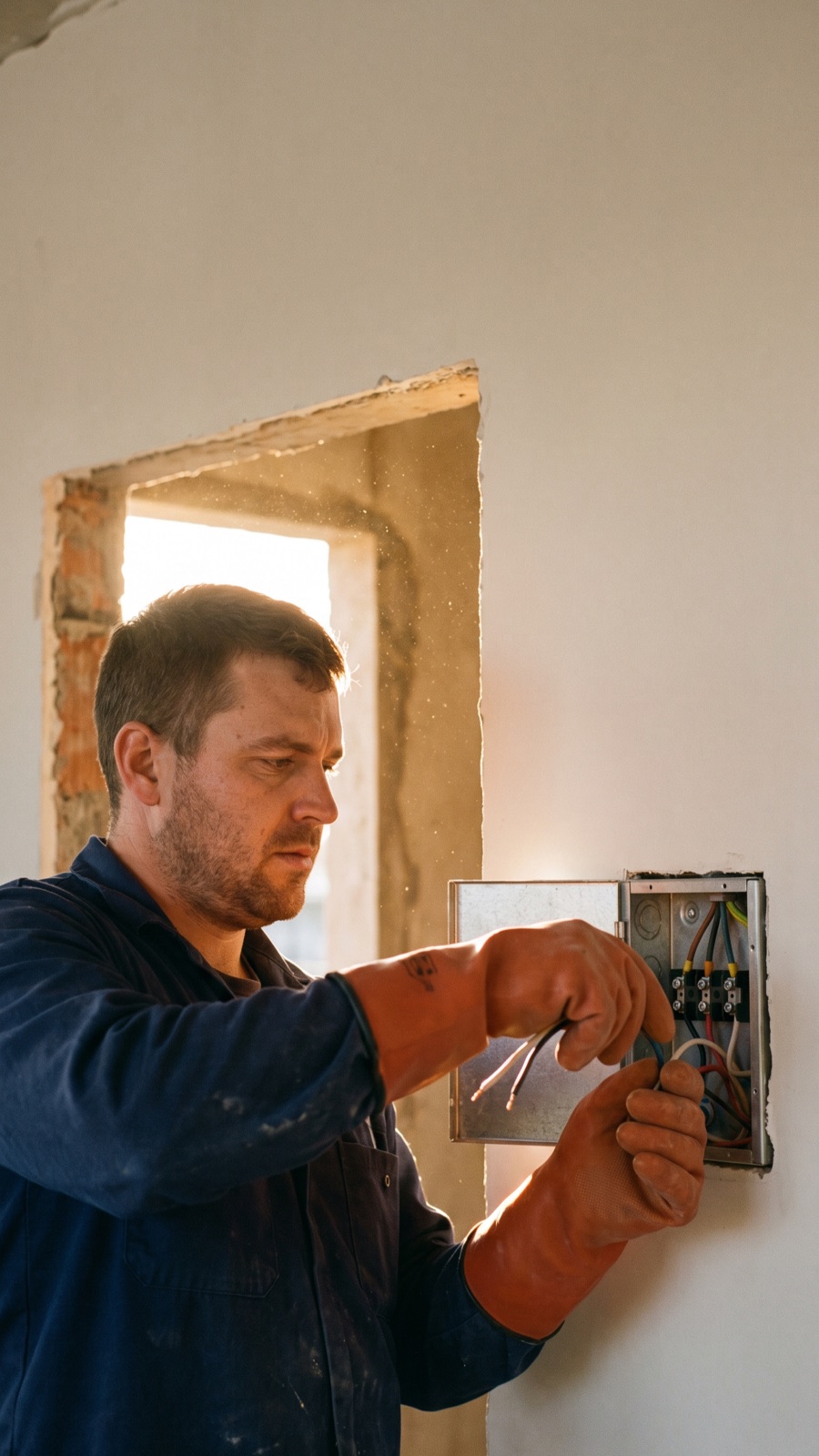 Elektromonteur verdrahtet einen Verteilerkasten auf der Baustelle im Nachmittagslicht – Motiv einer Instagram-Story-Anzeige