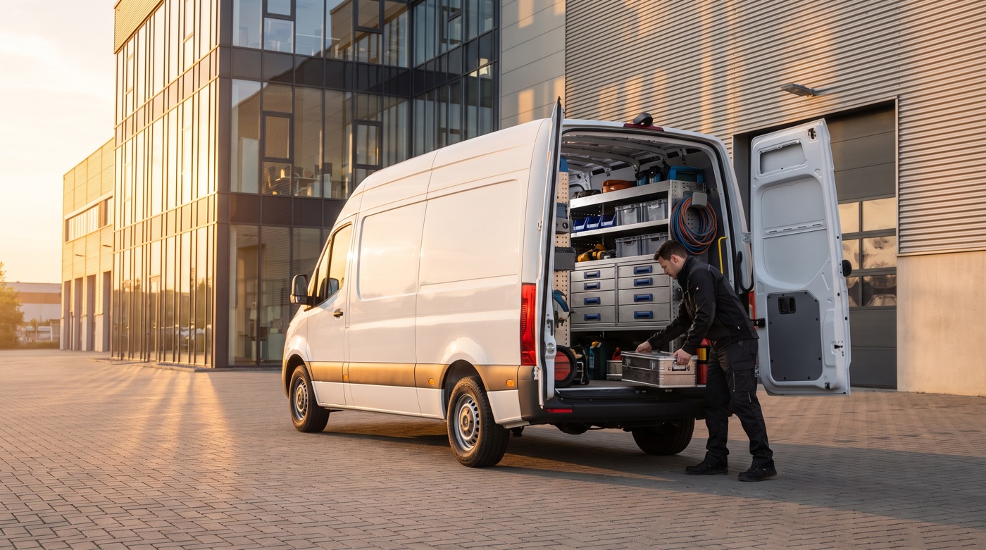 Vorschau einer Job-Landingpage mit Servicefahrzeug und Monteur vor einer Industriehalle